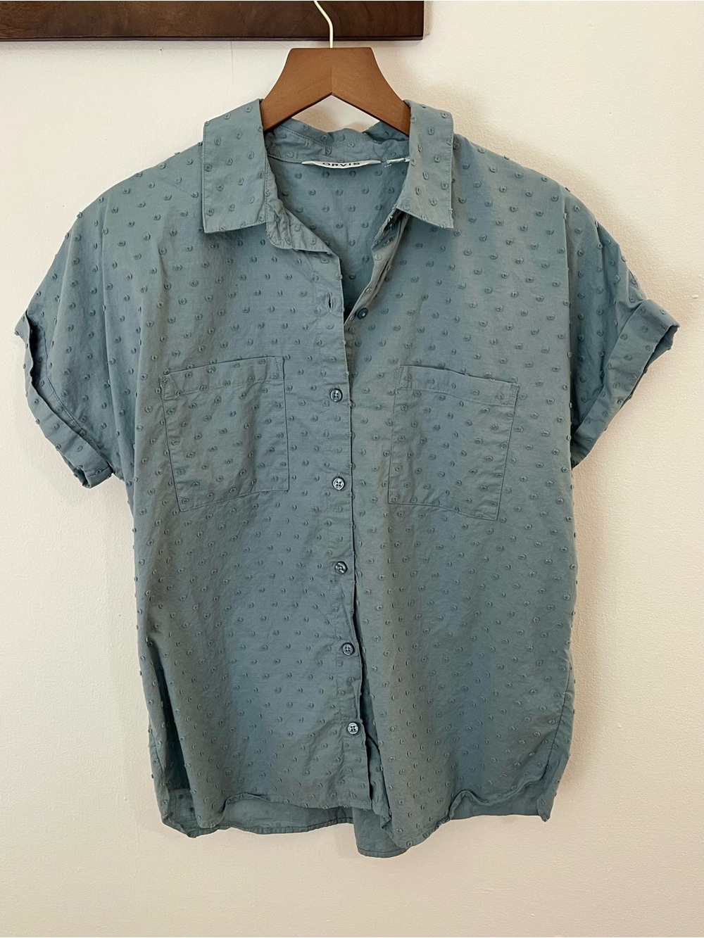 Orvis Swiss Dot Cotton Button Front Shirt Size S Blue Short Sleeve